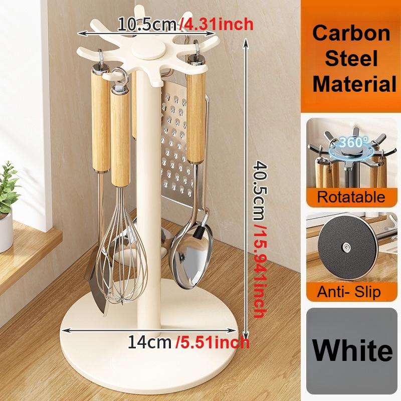 360° Rotating Kitchen Utensil Stand with 8 Hooks Countertop Cooking Utensils Storage Organizer Space-Saving Storage for Kitchen