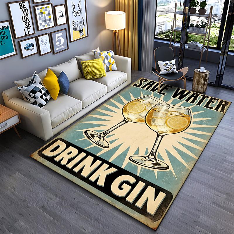 Retro Style Rug with Save Water Drink Gin Print, Gin Glass Design Suitable for use as an anti-slip for living room bedroom sofas 40x60cm( 15x23in )