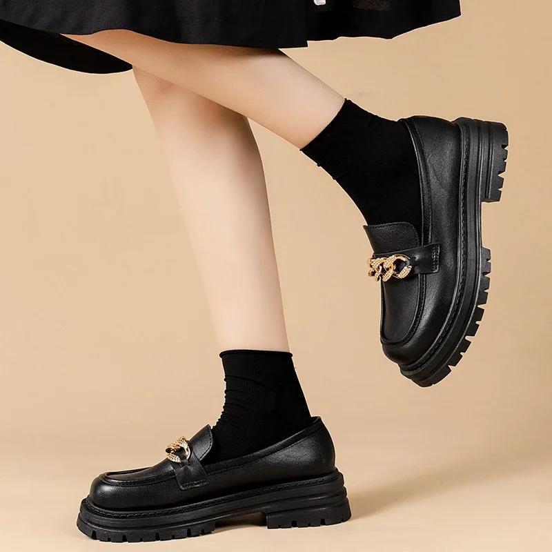 Damenschuhe Damenmode Mary Janes Runde Zehen Flats Loafers Oxfords Plattform Casual Metallkette Schnalle Damen Heels Schwarz