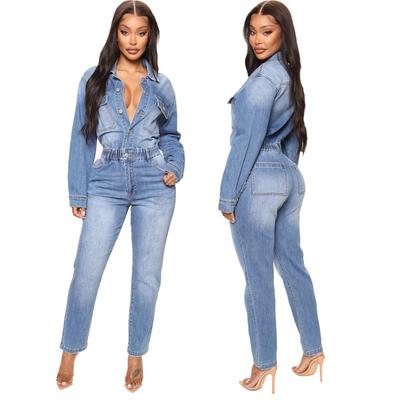 Europeisk & Amerikansk Slim Fit Stretch Denim Jumpsuit med Smal Benöppning