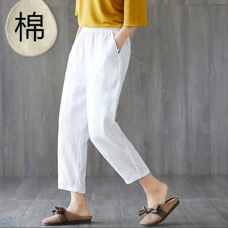 Spring Summer Casual Cotton Linen Pants Women Elastic Waist Solid Pockets Retro Loose Women's Harem Pants Trousers Bottoms