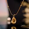 Fashion Natural Tiger's-eye Stone Water Droplet Pendant Necklace Stainless Steel Choker Women PVD Plated Waterproof Jewelry