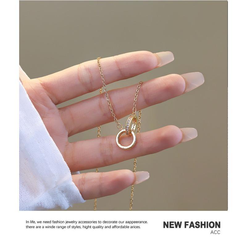 Korean Style Double Ring Full Diamond Titanium Steel Necklace Women Clavicle Chain