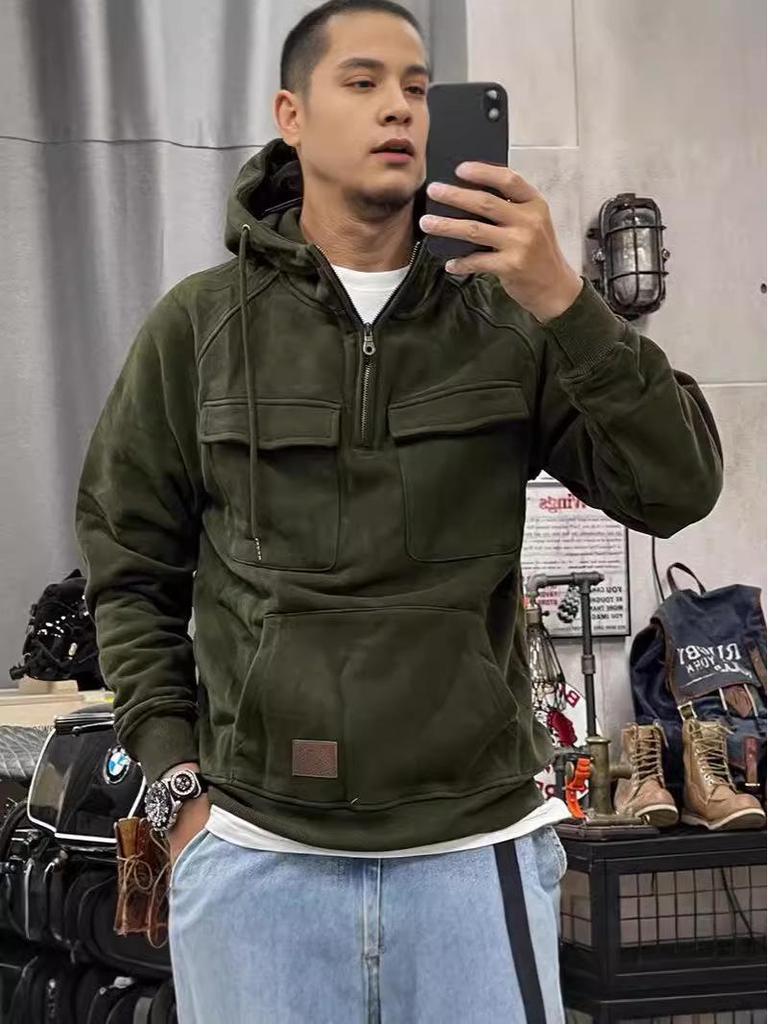 Retro Multi-Pocket Men's Hooded Sweatshirt - Youth Sports Motorcycle Style Jacket