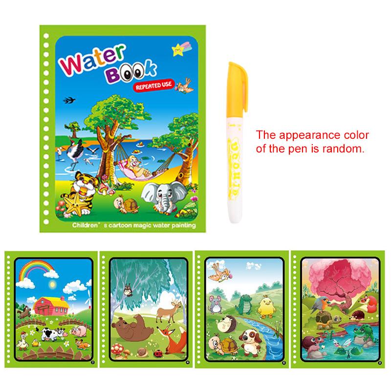 Water Drawing Book with Refillable Water Pen Reusable Magic Painting Drawing Board Cute Cartoon Pattern Gift for Boys Girls TMZ