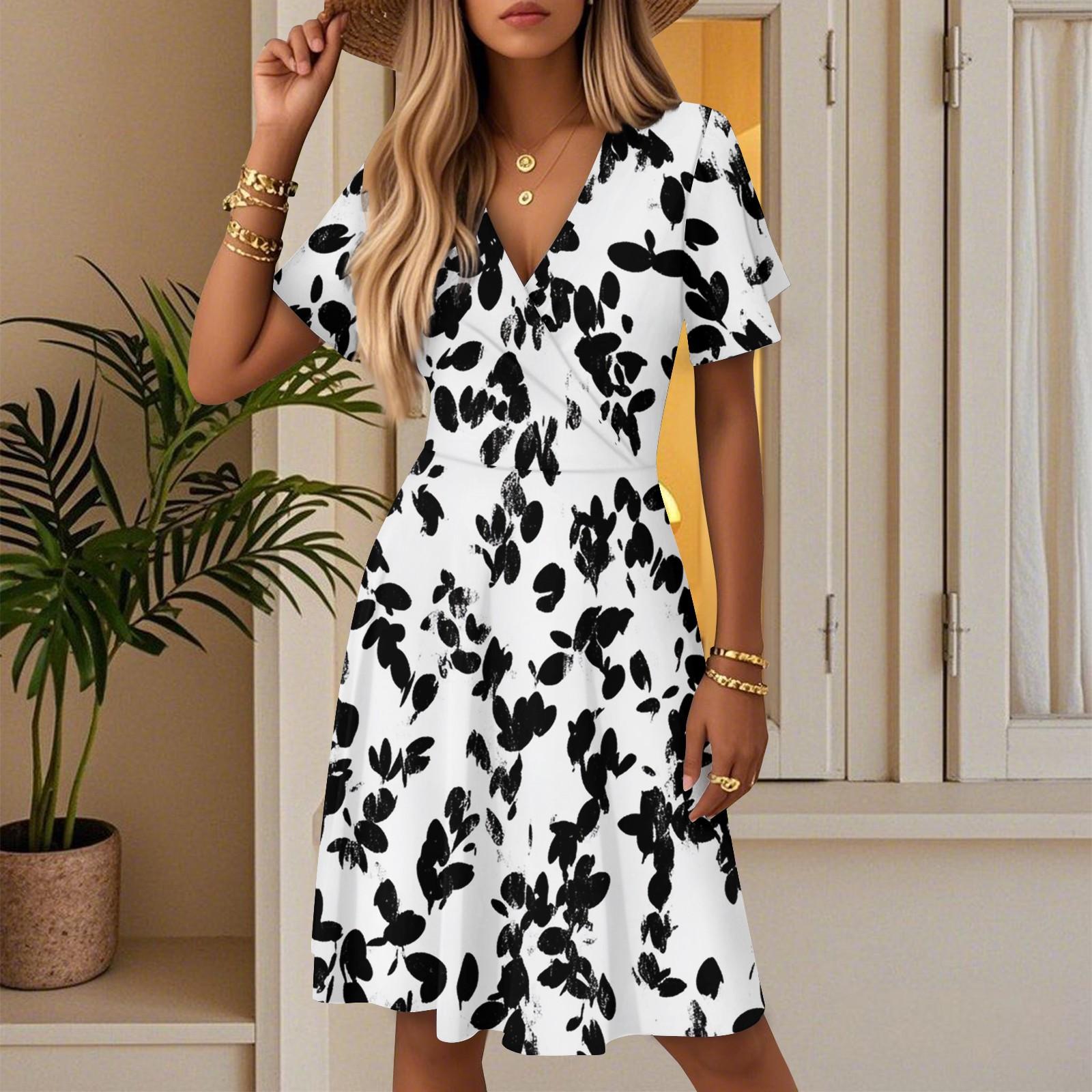 Women s Summer Fashion Leaf Print Dress Casual Beach A-line V-neck Loose Sundress L