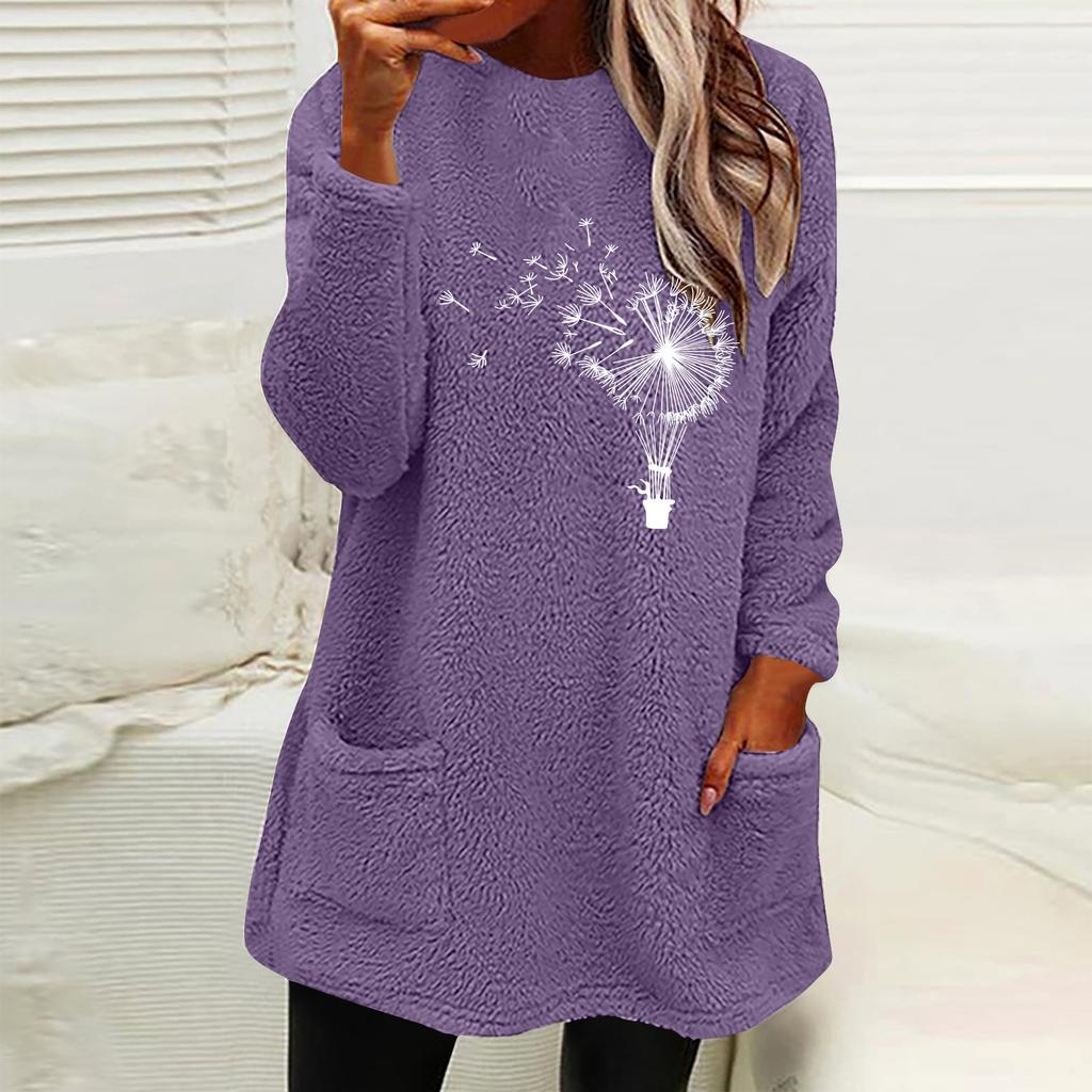 Women's Loose Fit Crew Neck Tunic Sweatshirt Long Sleeve Double Fleece Pullover Top Dandelion Floral Print Casual Fall Sweater With Side Pockets