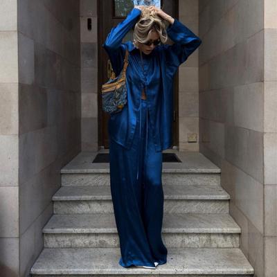 Casual Loose Blue Satin Womens 2 Piece Outfit Set Elegant Long Sleeve Shirt With High Waist Wide Pants Set Streeetwear