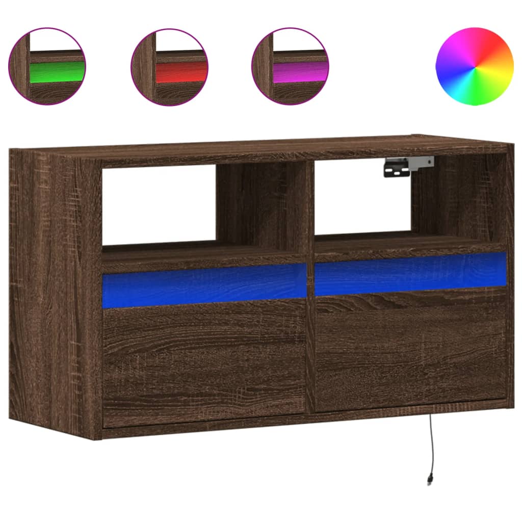 Wall Mounted TV Cabinet with LED Lighting Brown Oak Effect 80 x 31 x 45 cm