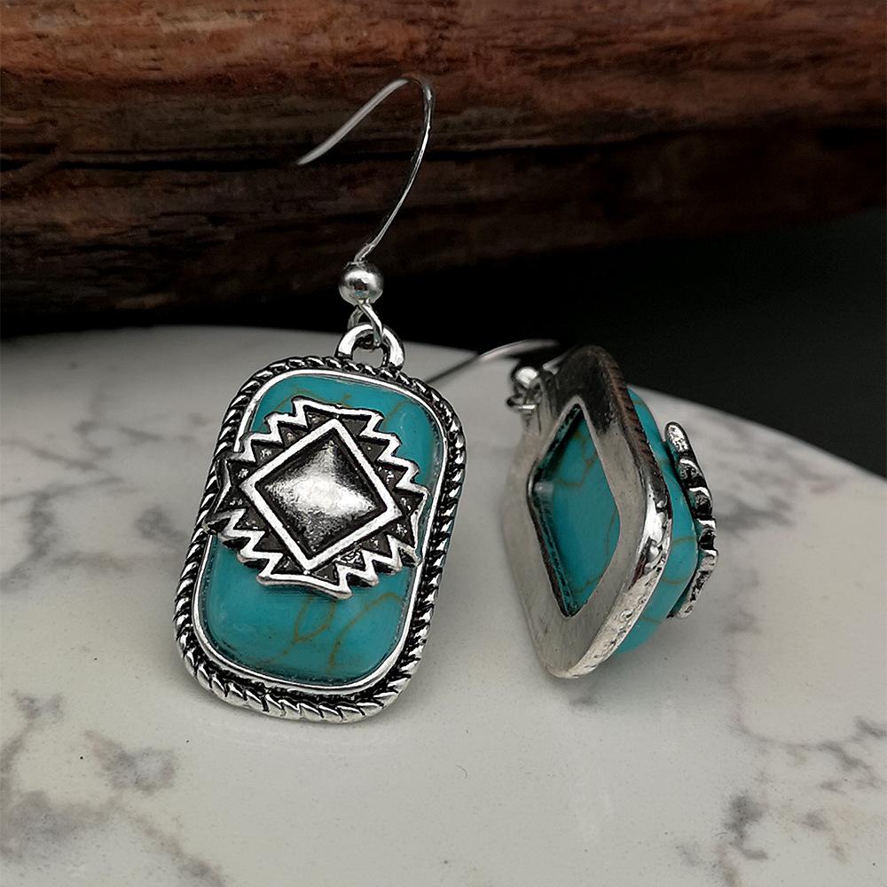 Vintage Shield Ethnic Earrings 925 Silver Green Turquoise Studs
