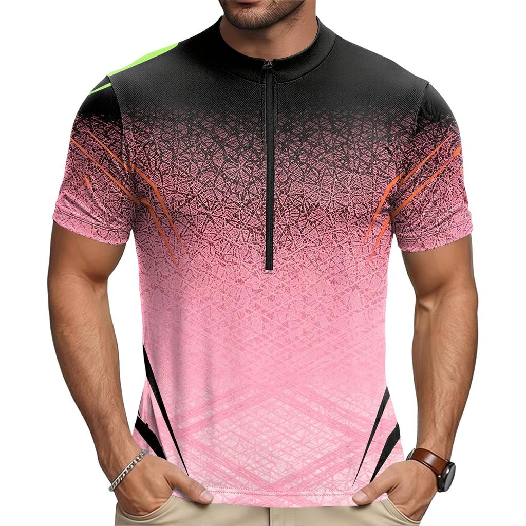 Men Crew Neck Printed Zip Short Sleeve Cycling Jersey Breathable Quick Dry Fabric Lightweight Sportswear Top