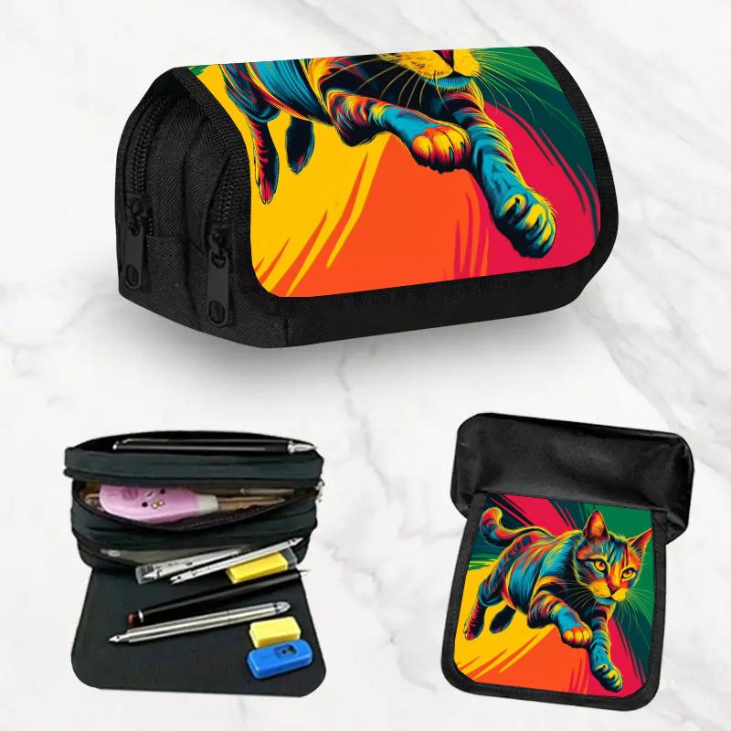 1pc Pop Art Cat Themed Double-Layer Pencil Case with a Large Capacity Zipper Closure, Perfect for School, Work, And Travel. A Great Gift for Birthdays