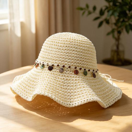 Women Hat Wide Brim Adjustable Strap Hollow Crochet Straw Hat Breathable Foldable Summer Outdoor Sun Hat