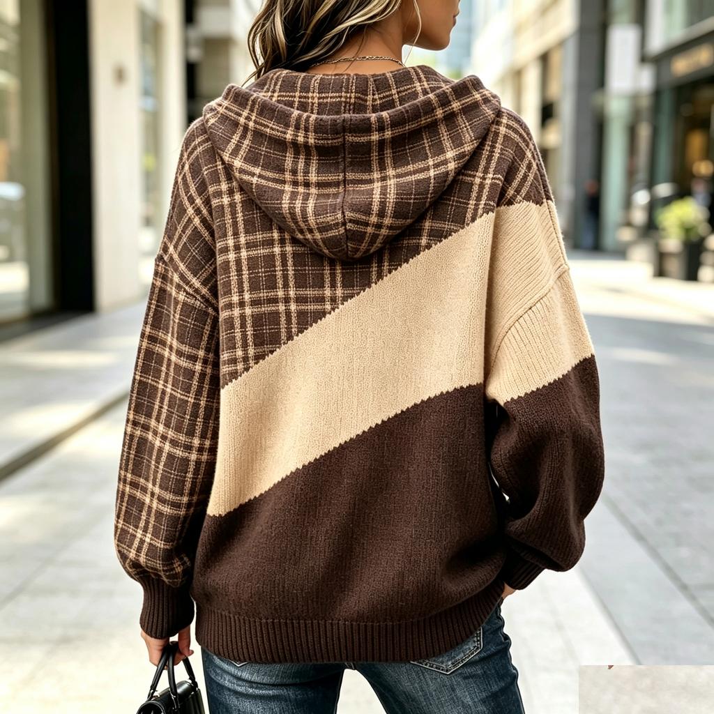 Dámský ležérní retro top s kapucí a barevným patchworkovým pruhovaným designem