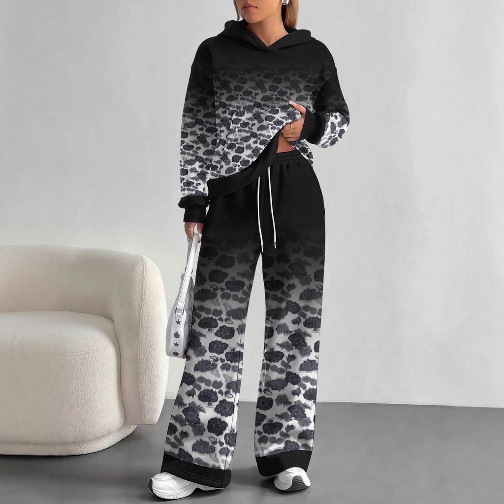 Gradual Change European and American Autumn and Winter Casual Long-sleeved Suit Women's Hooded Sweater Trousers Two-piece Set