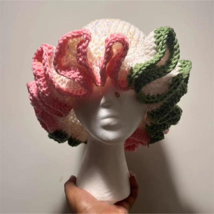 Handmade Knit Bucket Hat for Woman Weaving Ruffled Brim Bucket Hat Adult Teens Winter Cycling Fisherman Hat