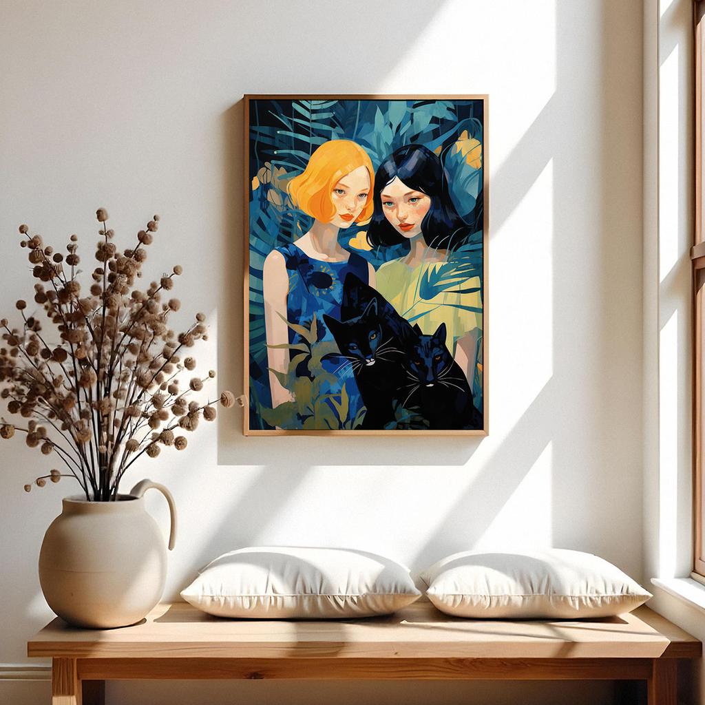 Plakat ilustracja dziewczyny koty