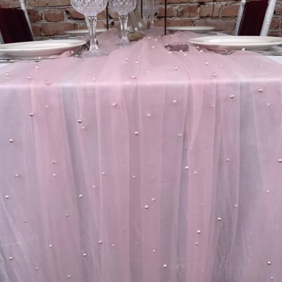 Yousheng 9.8FT Gauze Table Runner Chiffon Cheesecloth Table Runner with Faux Pearls Dining Table Decor Cloth for Home Birthday Holiday Party
