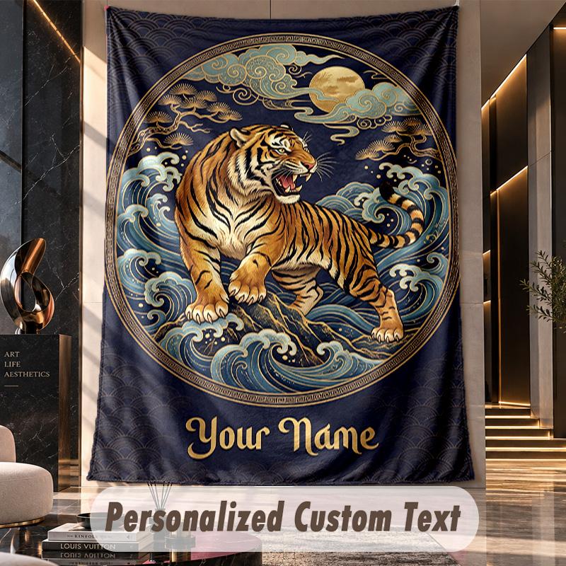 Tiger Forest Majesty Theme Wall Tapestry Customized With Name Text Personalized Hanging Tapestry For Bedroom Living Room Decor