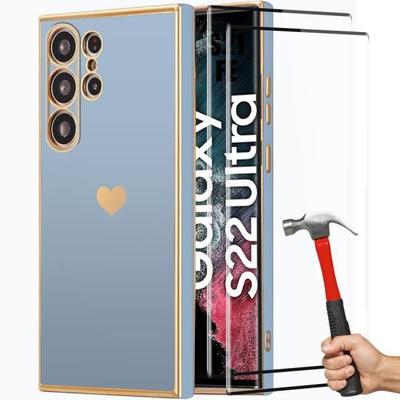 Hülle für Samsung Galaxy S22 Ultra - Blau - aus Silikon, Beschichtetes Liebesmuster, Stoßfester Schutz + 2 gehärtete Gläser