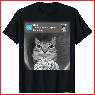 Há Movimento na Sua Porta da Frente Meme Engraçado de Gato Bobo Camiseta de Algodão Preta Camiseta Unissex