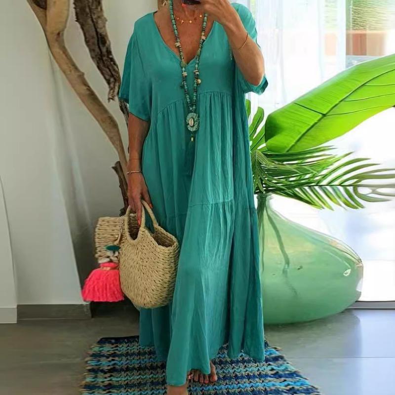 Womens Oversized Cotton Linen Maxi Dresses Summer Beach V Neck Casual Loose Baggy Flowy Floor Length Long Dress