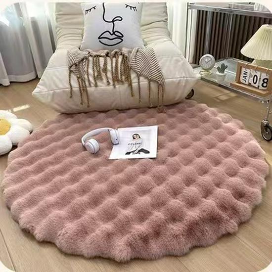 Square Cream Faux Rabbit Fur Plush Carpet Bubble Velvet Rug for Bedroom and Living Room 30cm Round