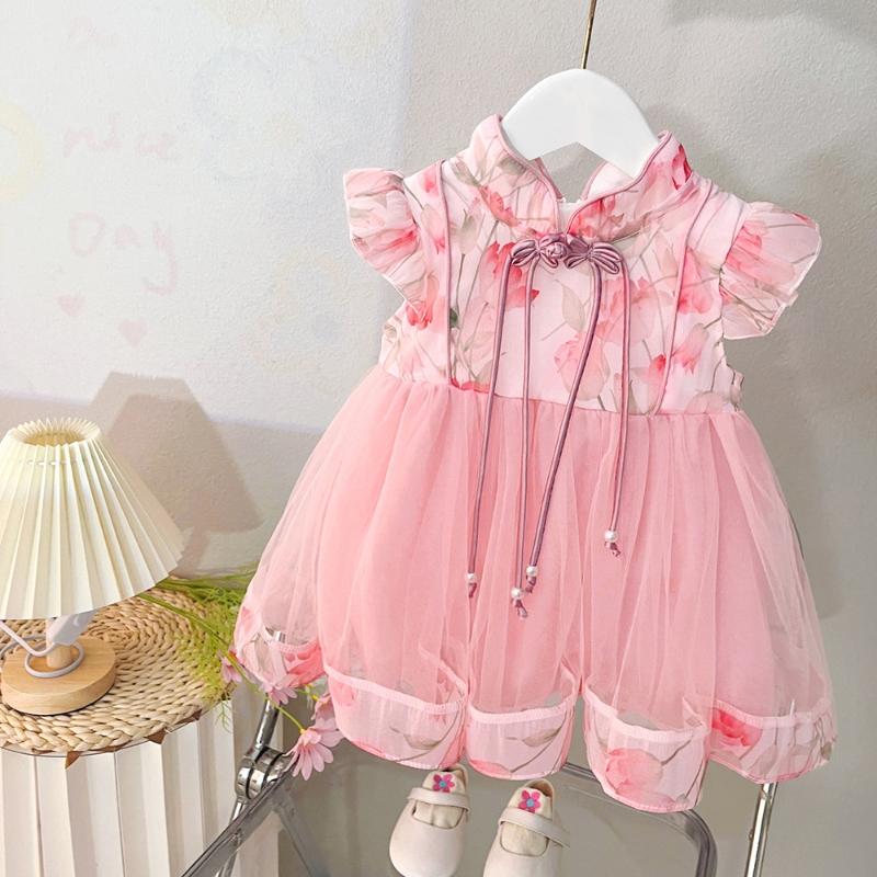 Summer  Baby Girl Dress Chinese Style Young Children's Clothing Short Sleeve Mesh Infant Kids Costume