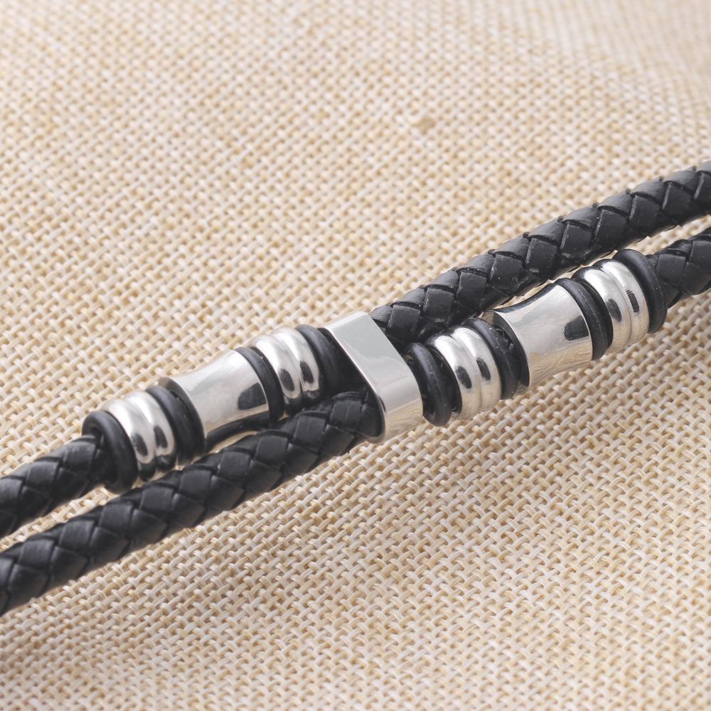 15mm European & American Double-Layer Woven Leather Bracelet with Gold-Inlaid Titanium Steel