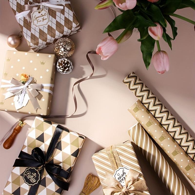 10Pcs Golden Gift Wrapping Paper Holiday Simple Light Luxury Plaid Stripes Diy Book Wrapping Paper Gift Paper