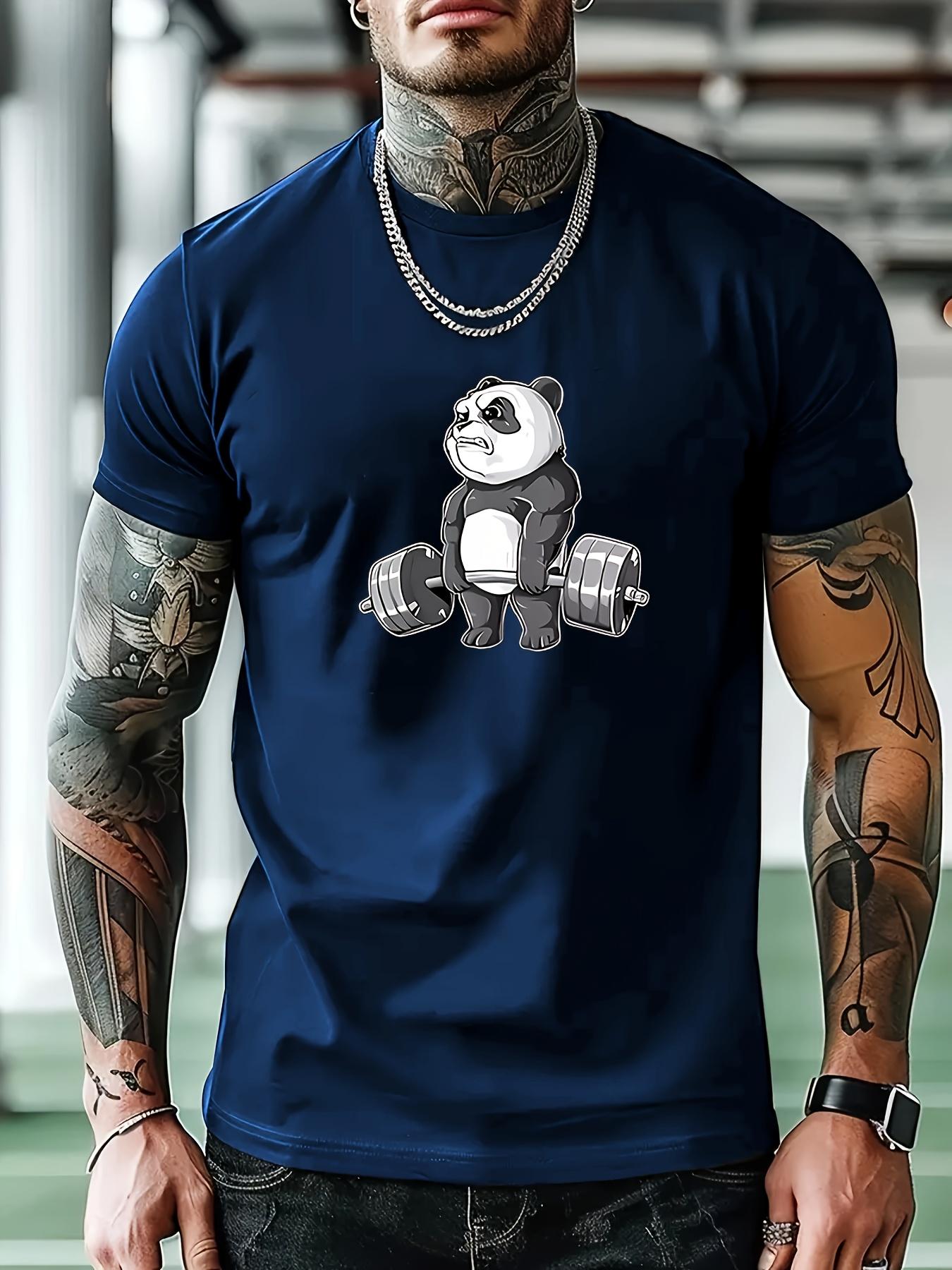 

Green Summer Graphic T-shirt - Casual Round Neck Short Sleeve Tee with Panda Weightlifting Design M