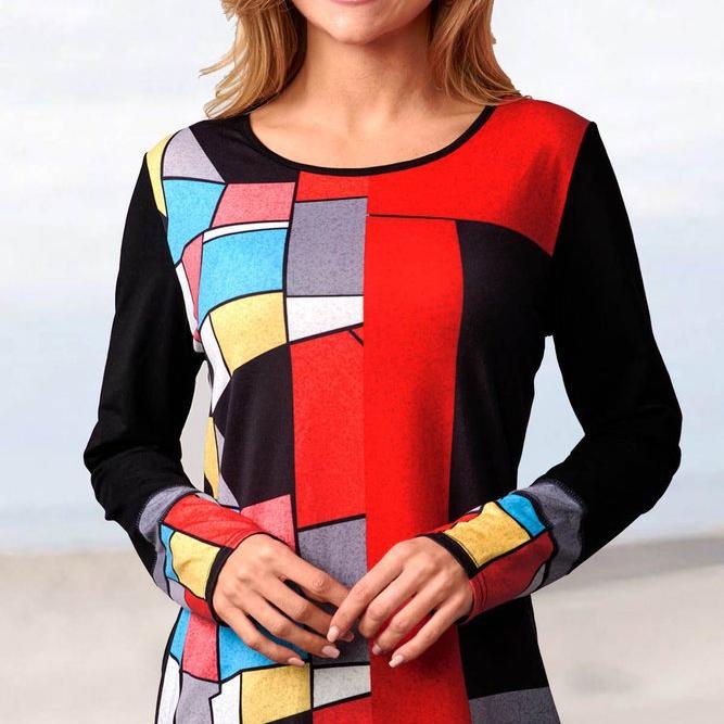 Women's Fashion Loose Casual Round Neck Floral Print Long Sleeve Geometric Print Tops Blouses Pullover Plus Size