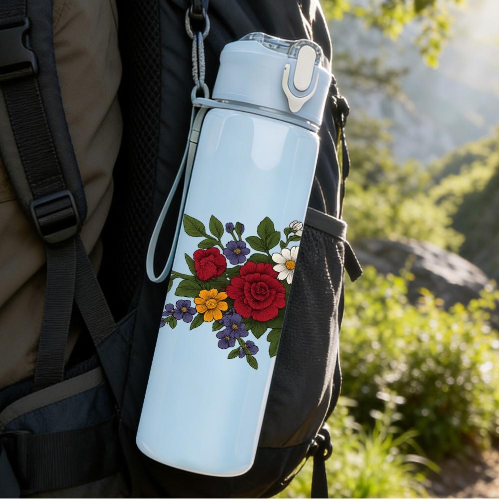 1PC Mixed Red Rose Bouquet Print 750ml Color Plastic Sports Water Bottle Leakproof Flip Straw Lid Suitable for Sports Office Home Use