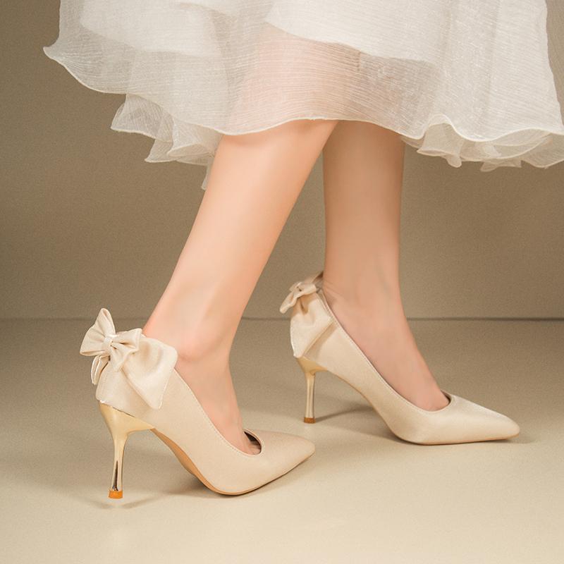 

Женские туфли на тонком каблуке, осенние, новые, с острым носком, с мелким вырезом, с бантом-бабочкой, на высоком каблуке, свадебные туфли 40