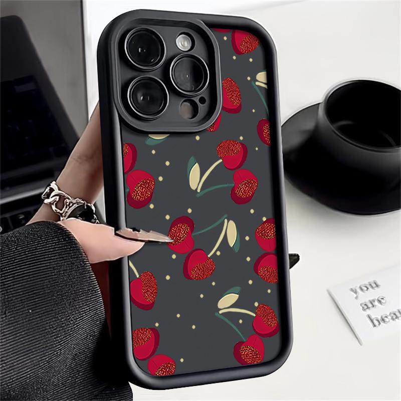 

Для iPhone 16 Pro 15 14 Plus 13 12 Pro Max 11 Xs Xr 8 7 Cherry Pattern противоударный мягкий TPU защита линз противоударный матовый чехол для телефона iPhone 16 чёрный