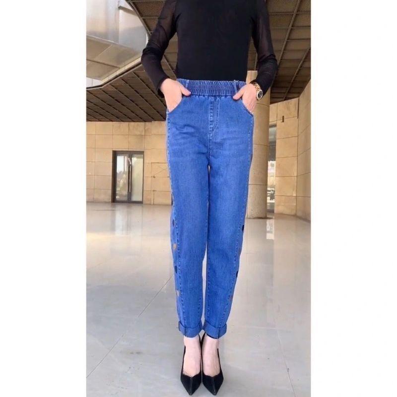 Trendy High-Waisted Elastic Denim Harem Pants for Middle-Aged & Elderly Mothers - Lightweight Spring/Summer Style