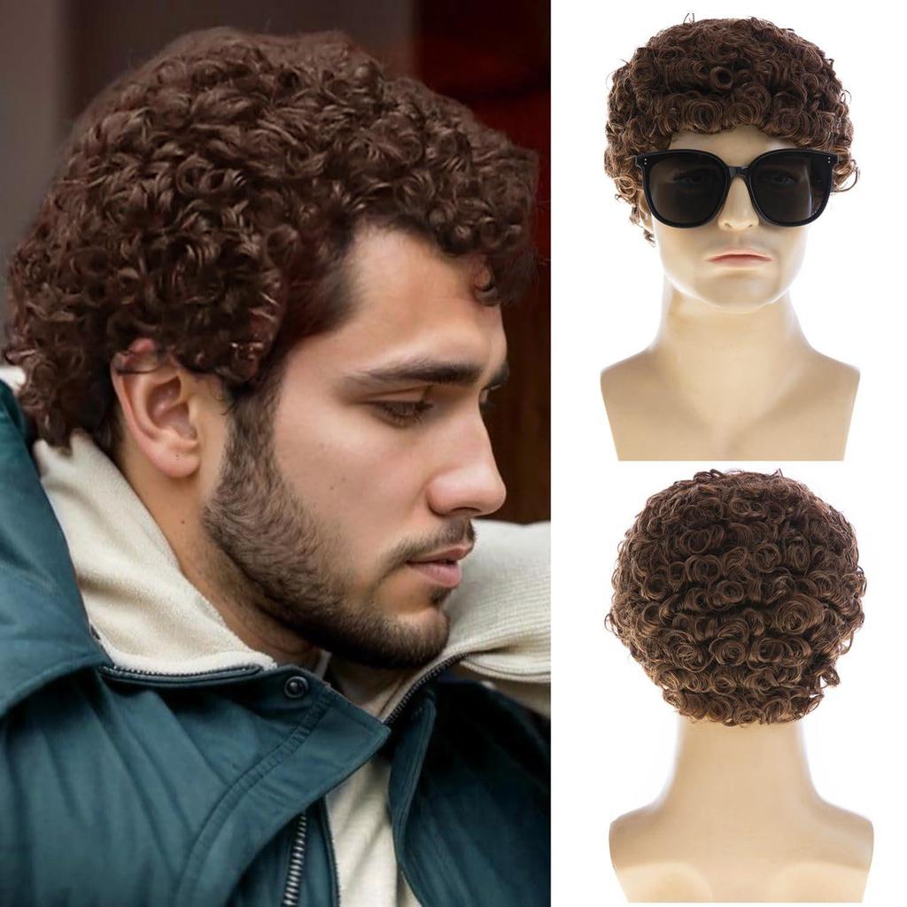 Men's Fashion Short Afro Curly Wig, Brown Tight Curls High-Temperature Fiber Hairpiece