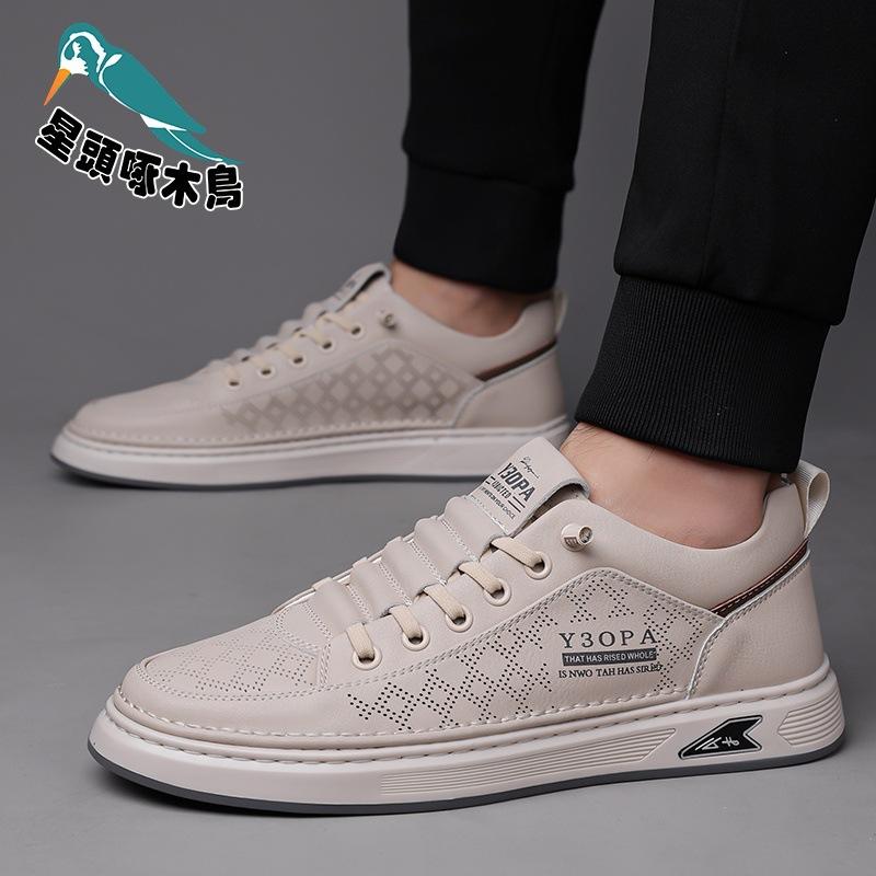 Men's hollow white shoes men's shoes 2025 new leather quick-drying leather shoes trend hundred shoes