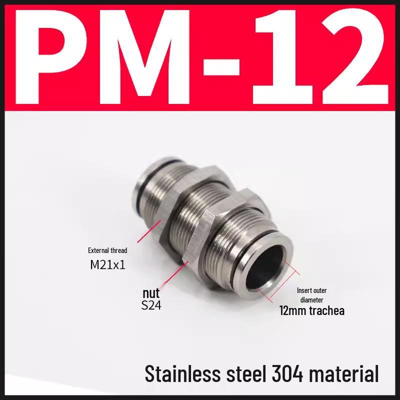 304 Stainless Steel Quick Push-In Pneumatic Tube Panel Mount Connector, External Thread, PM Sizes: 4, 6, 8, 10mm
