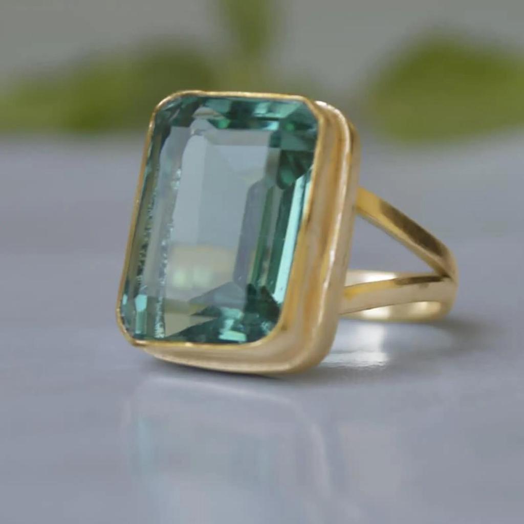 Cushion Cut Green Amethyst Gemstone  925 Sterling Silver Yellow Gold Overlay Ring