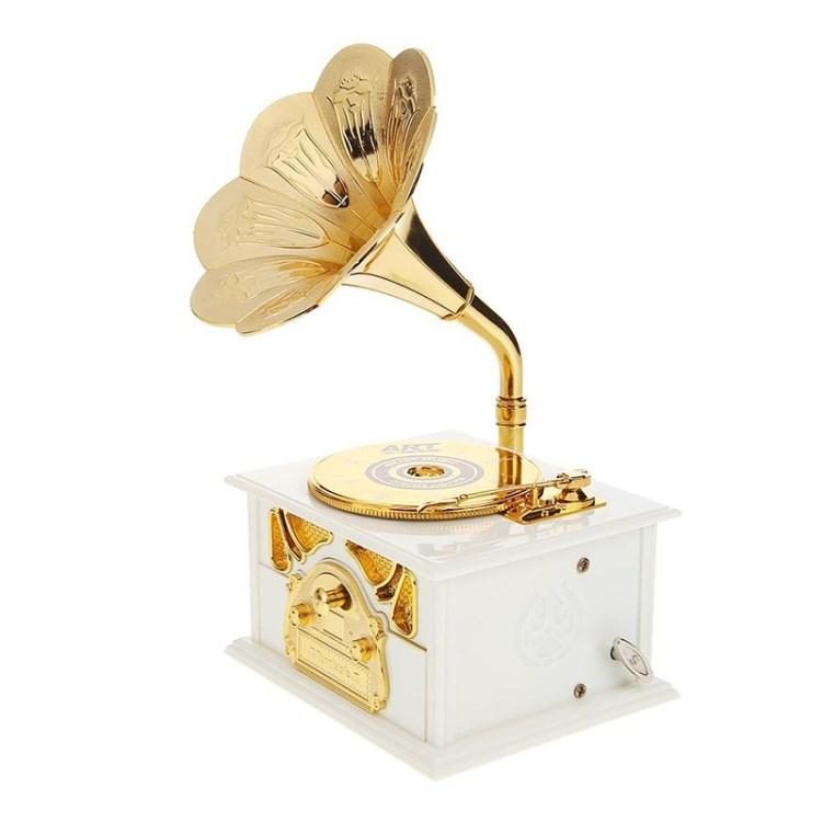 

Wooden Music Box Phonograph Hand Crank Classic Music Box Home Decor White