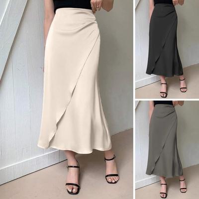 Women Midi Skirt High-Waisted Fishtail Design Imitation Silk Skirt Smooth Satin Slimming