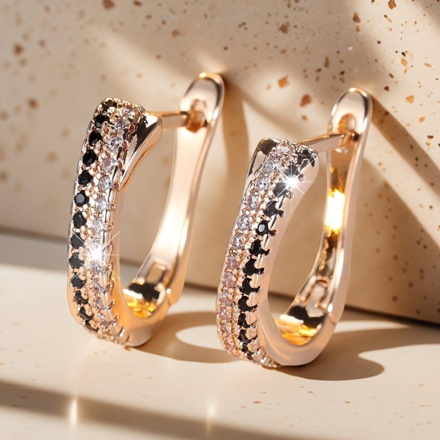 1 Pair of Women'S Golden Oval Double Row Black and White Earrings | 14K Golden Plated, Copper with Synthetic Zirconia, Fashionable and Super Bright