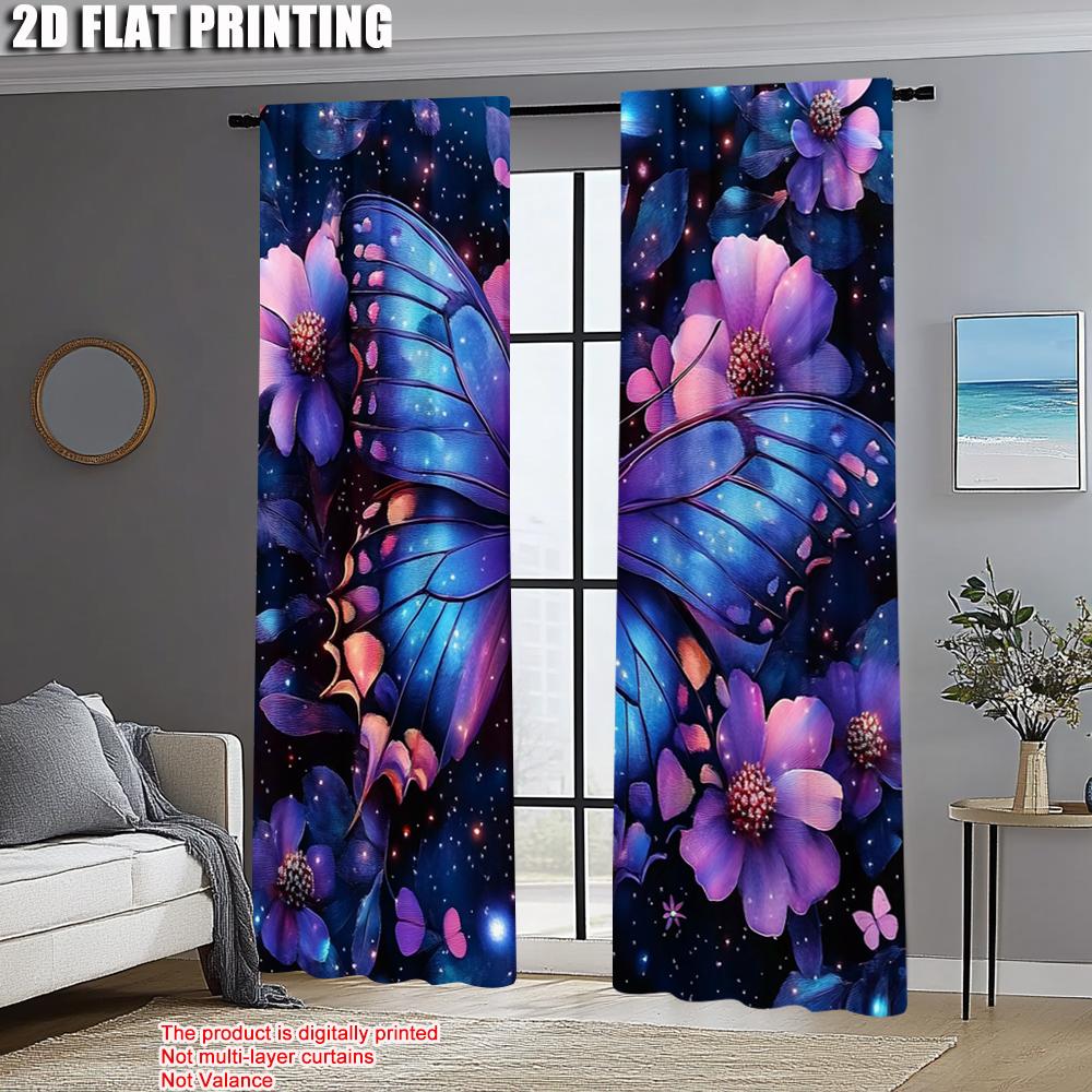 2pcs, Popular Curtains 2D print Purple Butterfly Polyester Easy Install (without rod) Gifts Use for Living Room, Office,