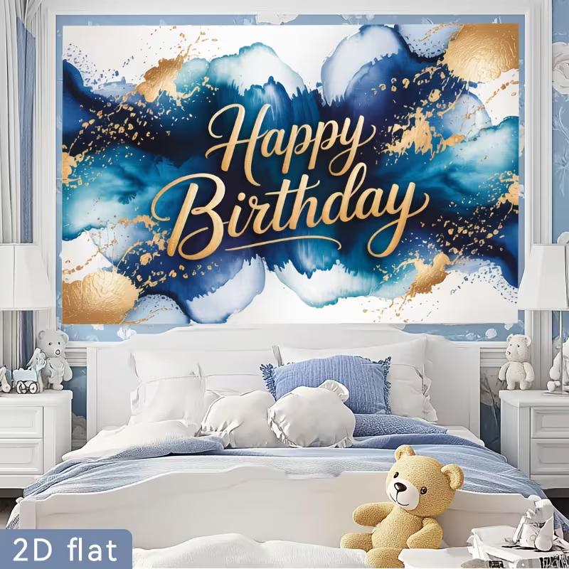 2D Blue Gold Ink Wash Happy Birthday Backdrop Banner Photography Background for Men Party