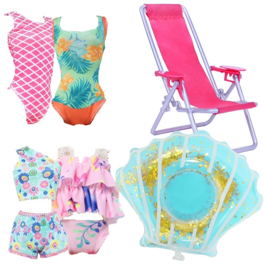 4 Przedmioty Akcesoria do Kostiumów Kąpielowych dla Lalki 2x Kostium Kąpielowy Bikini 1x Leżak Plażowy 1x Nadmuchiwany Koło do Pływania 30CM Ubranka dla Lalki 11,8 Calowa Zabawka Lalka