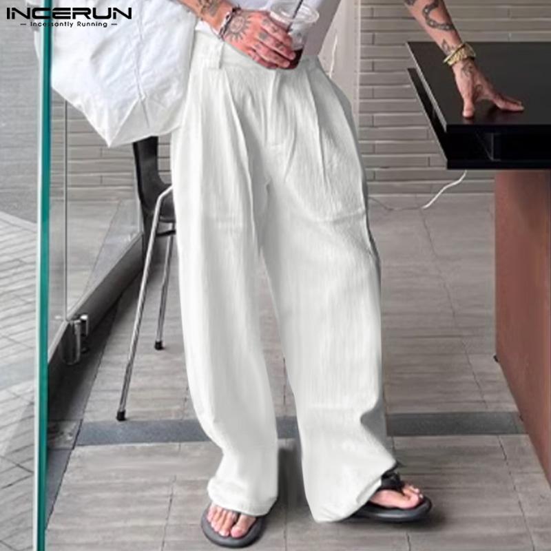 INCERUN Pánské zapínací v pase Jednobarevné Ležérní Texturované Dlouhé Rovné Kalhoty