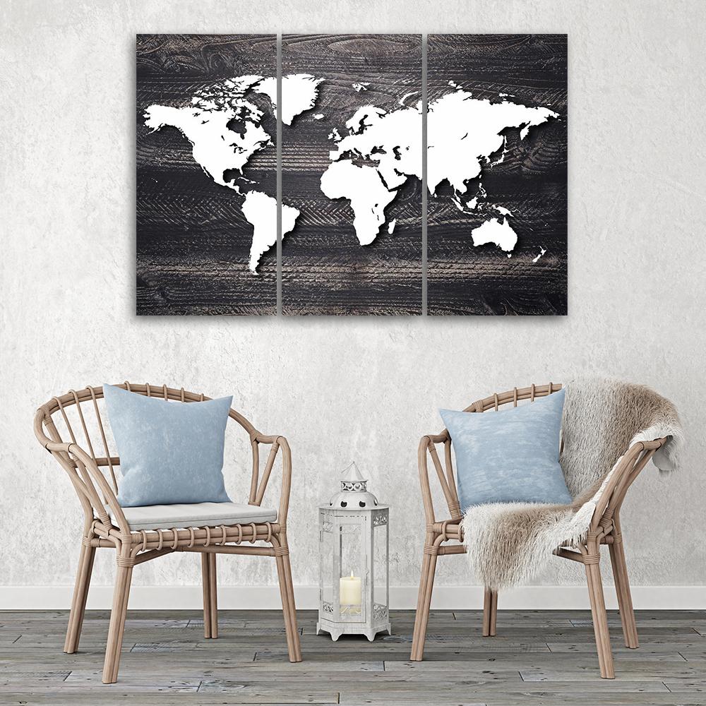 Three Piece Picture Canvas Print World Map Vintage
