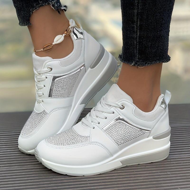 Spring and autumn new color matching lace-up wedge heel platform women's single shoes large size rhinestone sports and leisure shoes women