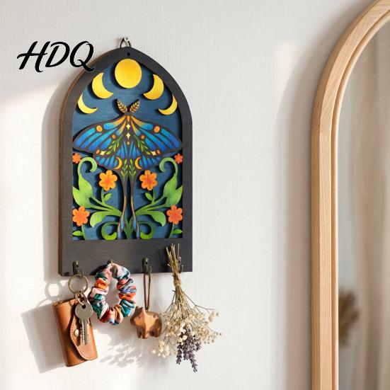 Key Hanger for Bedroom Door Bohemian Wooden Hanger Decorative Wall Mounted Holder with 4 Metal Boho Style Decor Hooks Artistic Hanging Hook Entryway